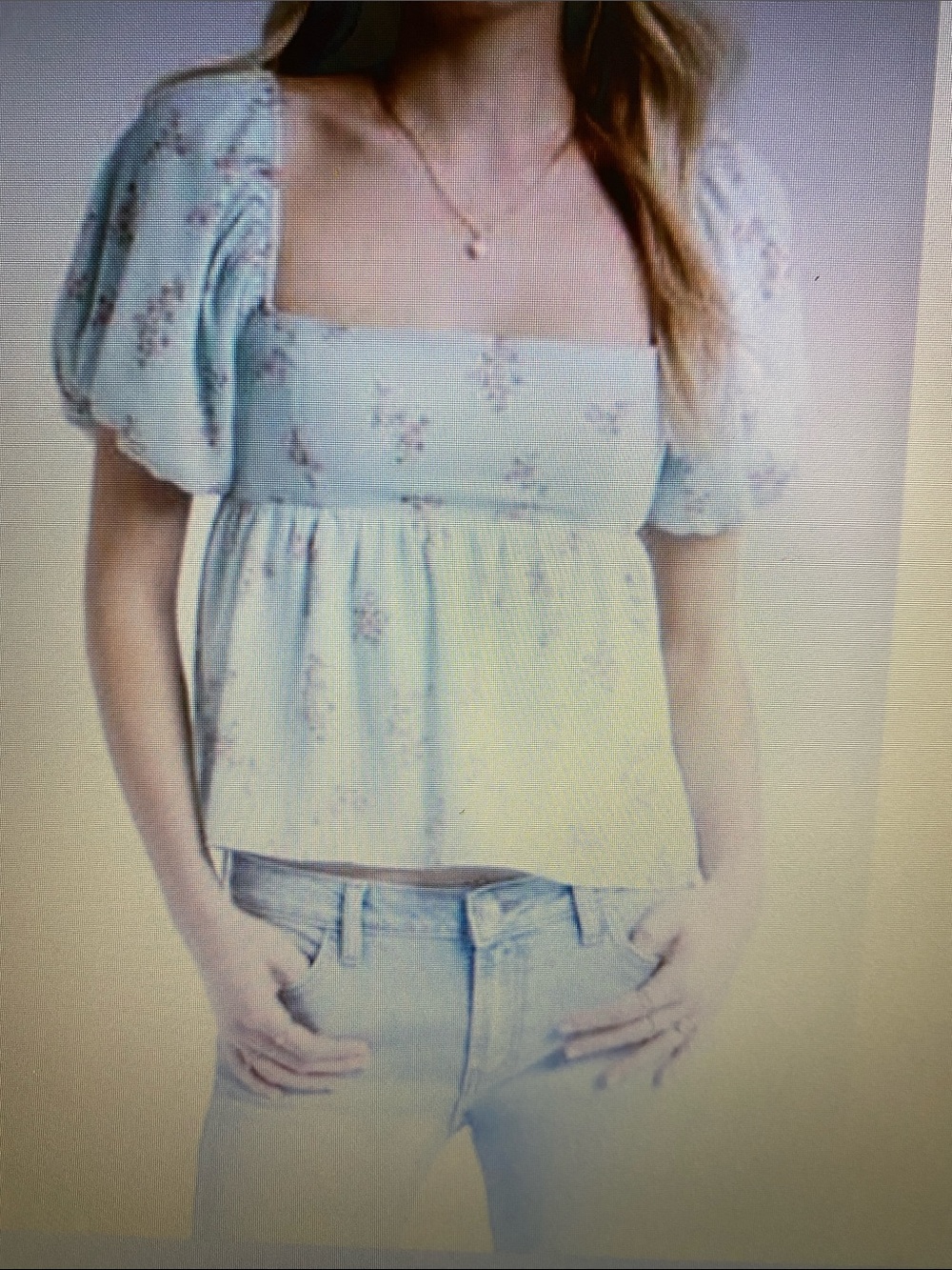Nordstrom BP Bubble Puff Sleeve Babydoll Top Mint Green with Pink Selina Floral
